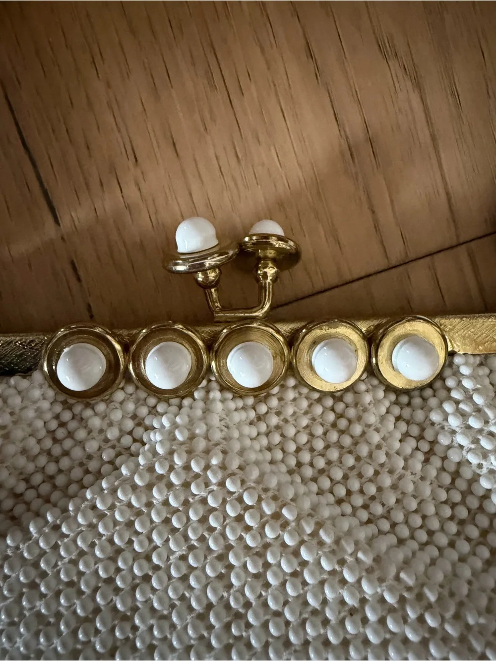 Vintage lumered Pearl petite bead Beaded White Evening Clutch with Gold Frame
